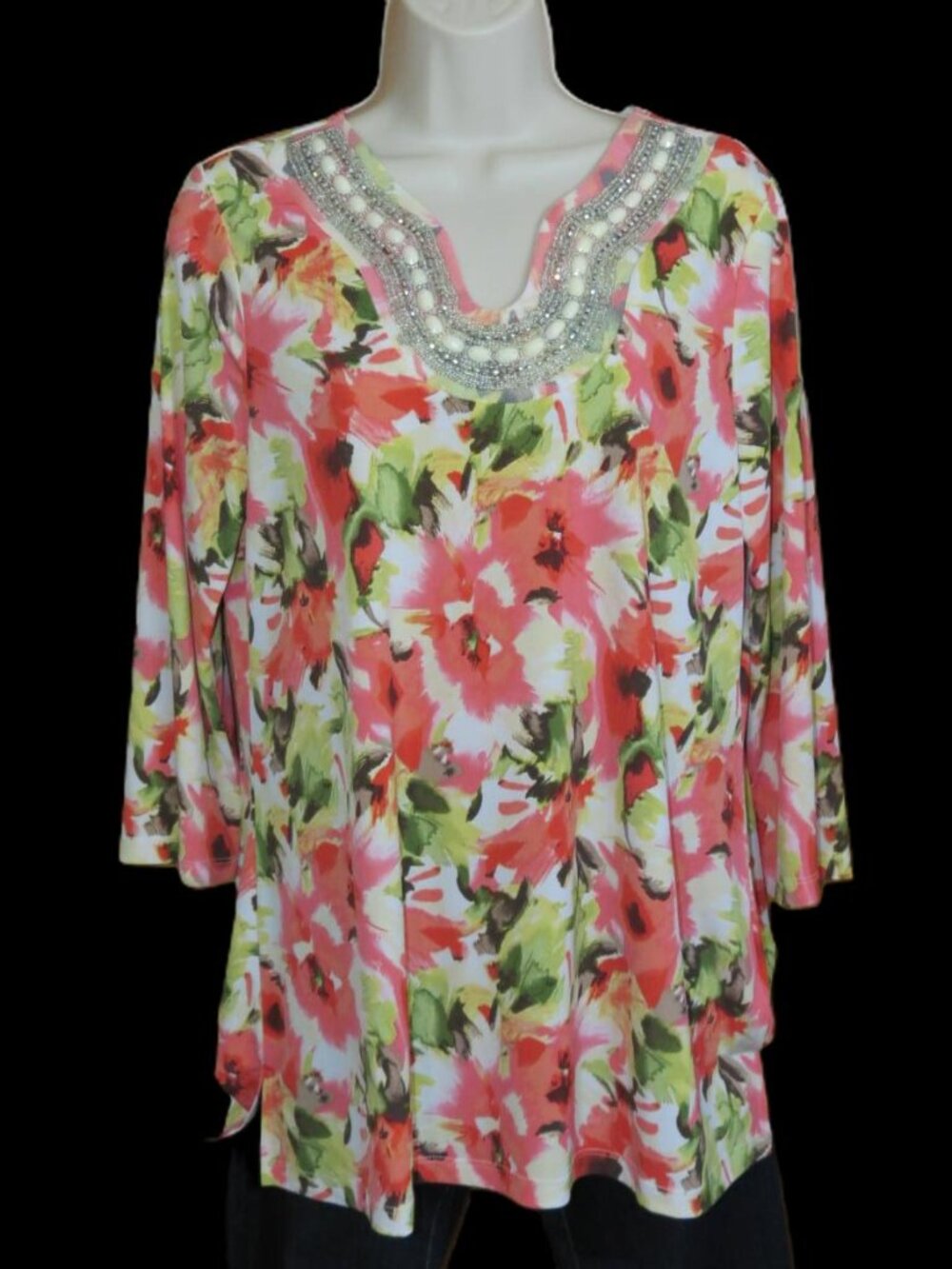 NWOT Susan Graver Knit Tunic Top Orange/Green/White Beading ¾ Sleeve Size Small